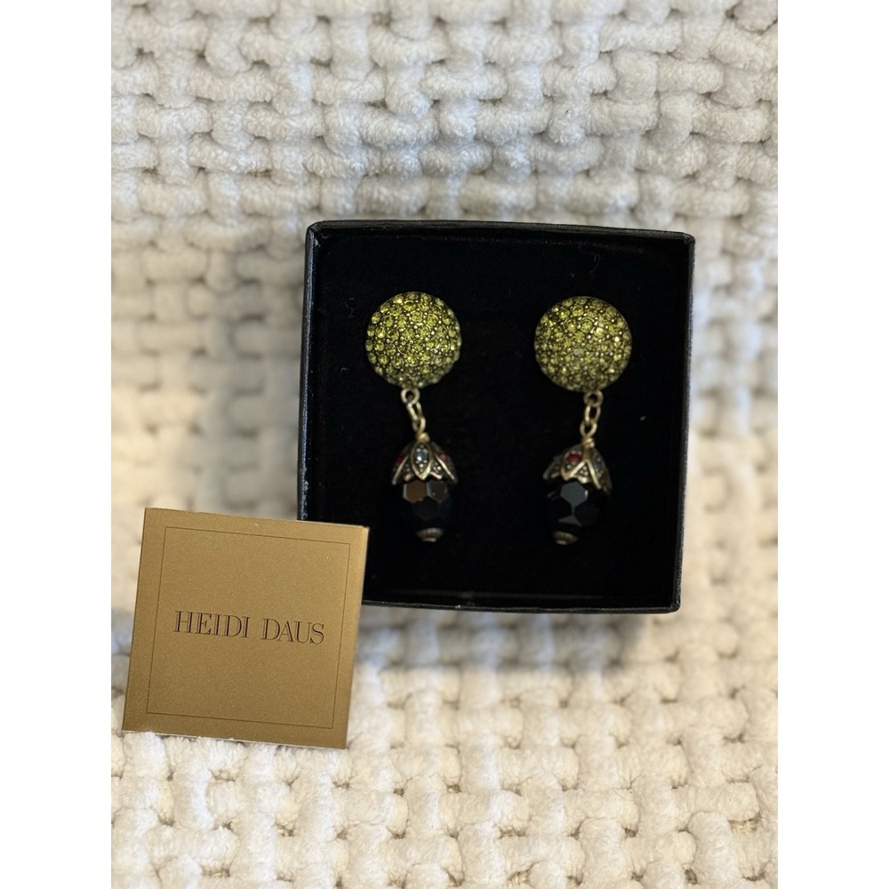 Heidi Daus Jet Drop Earrings Peridot Crystal Pavé Antique Gold Tone Clip-On NIB